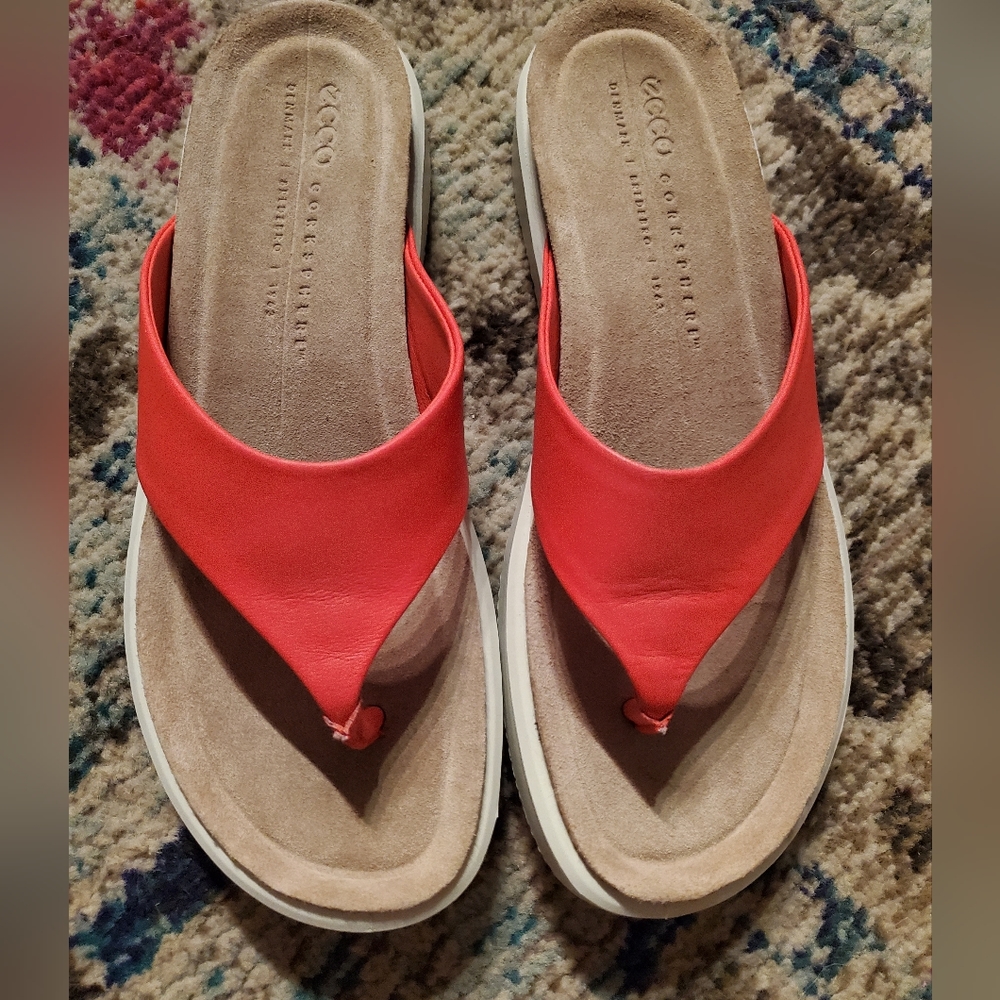 Ecco Corksphere Bright Coral Orange Sandals Size 38 or 7.5